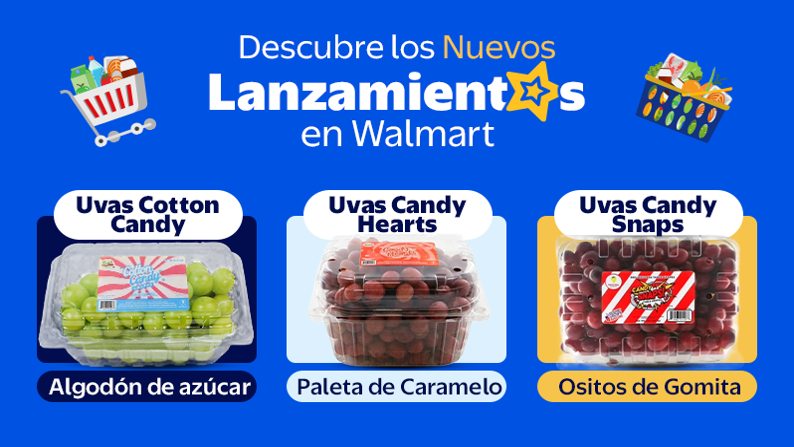 Descubre los Nuevos Lanzamientos en Walmart: Uvas Cotton Candy Algodón de azúcar. Uvas Candy Hearts Paleta de Caramelo. Uvas Candy Snaps Ositos de Gomita.