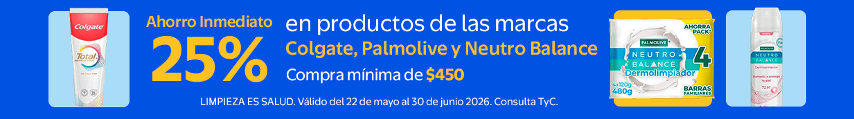 Ahorro Inmediato 25% en productos seleccionados de la marcas Colgate Palmolive y nuestro balance compra minima de $450 Valido del 22 de mayo al 30 de junio 2026 Consulta TyC COME BIEN
