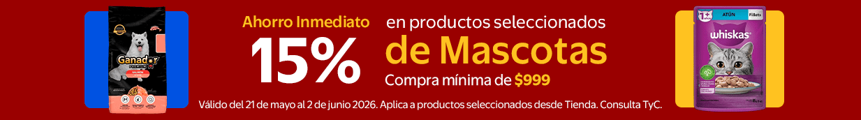 Ahorro Inmediato 15% en productos seleccionados Ganador de Mascotas Compra mínima de $999 válido del 21 de mayo al 2 de junio 2026. Aplica a productos seleccionados desde Tienda. Consulta TyC.