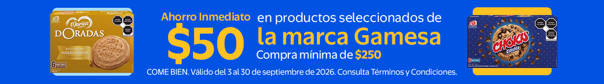 Ahorro inmediato de $50 en la compra mínima de $250 en productos seleccionados galletas Gamesa