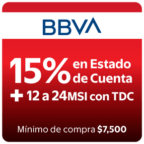 BBVA 12 Hasta 24 MSI + 15% en estado de cuenta con Tarjetas Físicas у Digitales. Mínimo de compra. $7,500.