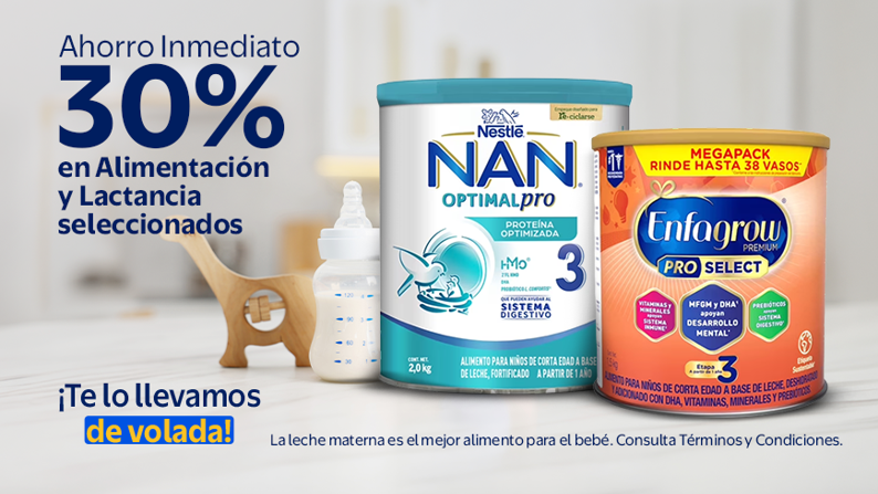 30% Ahorro Inmediato en Alimentación y Lactancia seleccionados Te lo llevamos de volada La leche materna es el mejor alimento para el bebé Consulta Términos y Condiciones