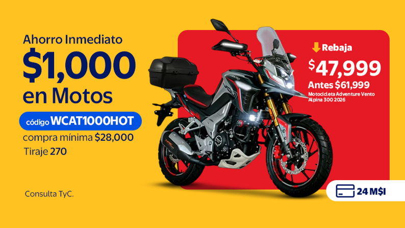 Cupón: Ahorro Inmediato $1,000 en Motos código WCAT1000HOT compra mínima $28,000 Tiraje 270 Consulta TyC - Motocicleta Adventure Vento Alpina 300 2026 Antes $61,999 Rebaja $47,999