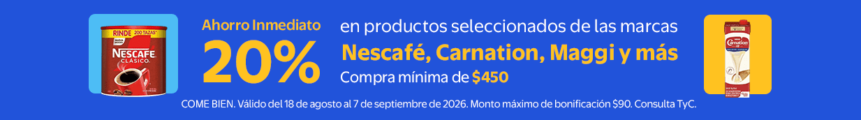 Ahorro inmediato de 20% en la compra mínima de $450 en productos seleccionados de las marcas Nescafé, Carnation, Maggi y más del 18 de agosto al 07 septiembre.Monto máximo de bonificación $90
