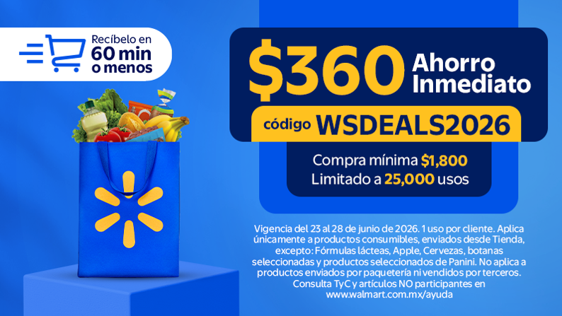 CUPON WMDEALS2026 Ahorro inmediato $360 Compra minima $1,800 Limitado a 25000 usos Vigencia 23 junio 2026 1 uso por cliente + Recíbelo en 60 min o menos