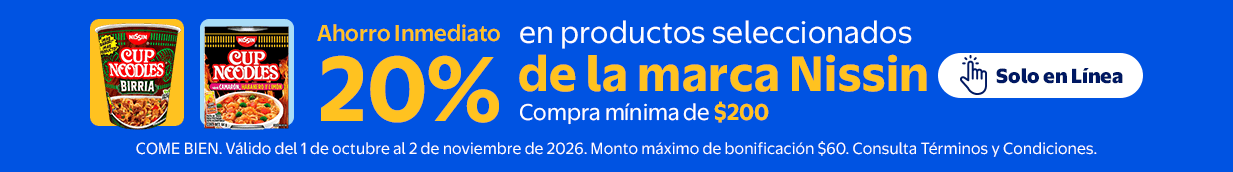 Ahorro inmediato del 20% en compras mínimas de $450 productos seleccionados de la marca Nissin. Vigencia del 11 de septiembre al 13 de octubre. Monto máximo a bonificar $110.Exclusivo Online.