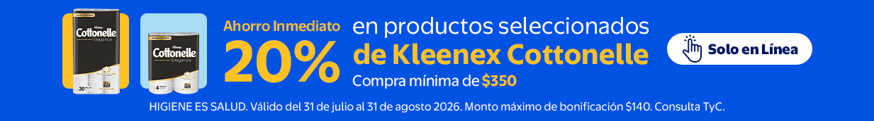 Ahorra 20% en compras mínimas de $350 en productos seleccionados Kleenex Cottonelle del 31 de Julio al 31 de Agosto 2026. Monto máximo de bonificación $140. Exclusivo Online