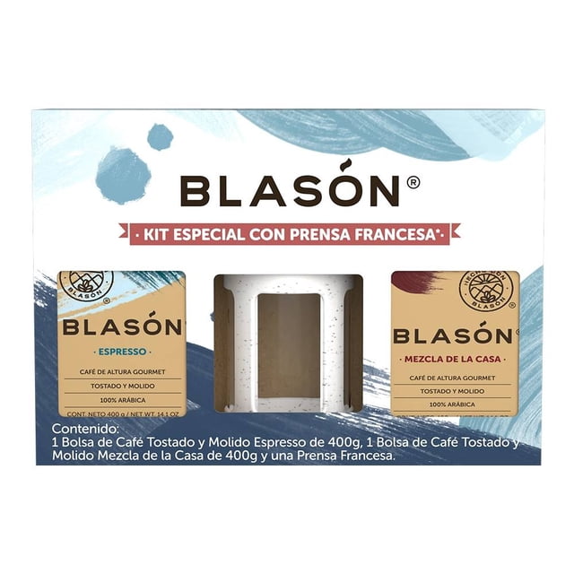 Café tostado y molido Blasón espresso 400 g + café mezcla de la casa 400 g + 1 prensa francesa