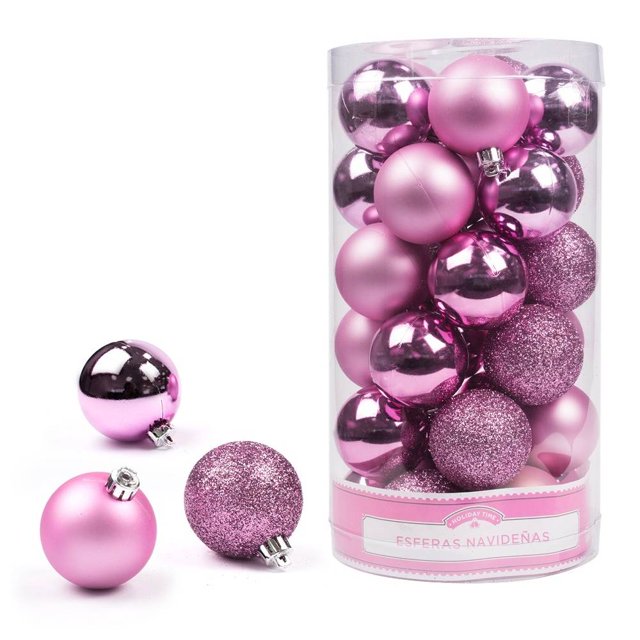 Esferas Plásticas Holiday Time Set de 30 pzas Palo de Rosa con Glitter