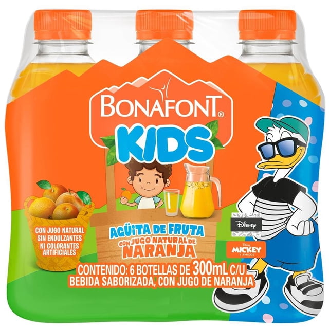 Agua Bonafont Kids con jugo de naranja pack de 6 botellas 300 ml c/u