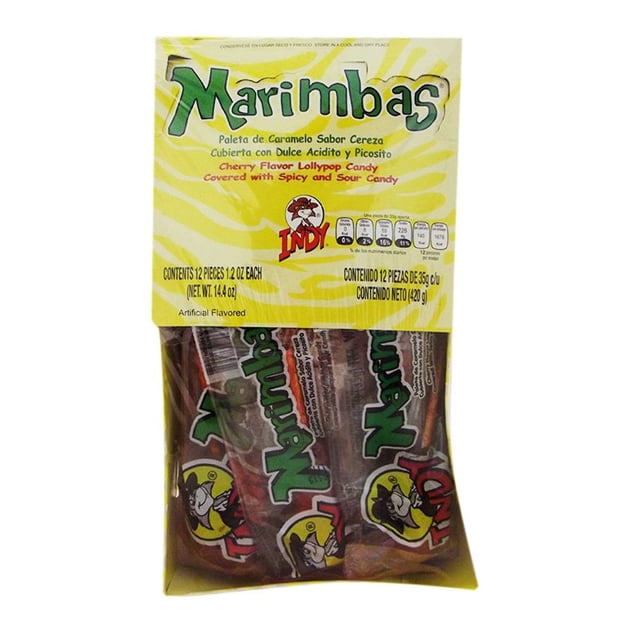 Paletas de caramelo Indy Marimbas sabor cereza cubiertas de chile 12 pzas