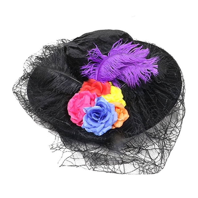 Sombrero Way To Celebrate de Catrina con Flores de Colores y Plumas Moradas