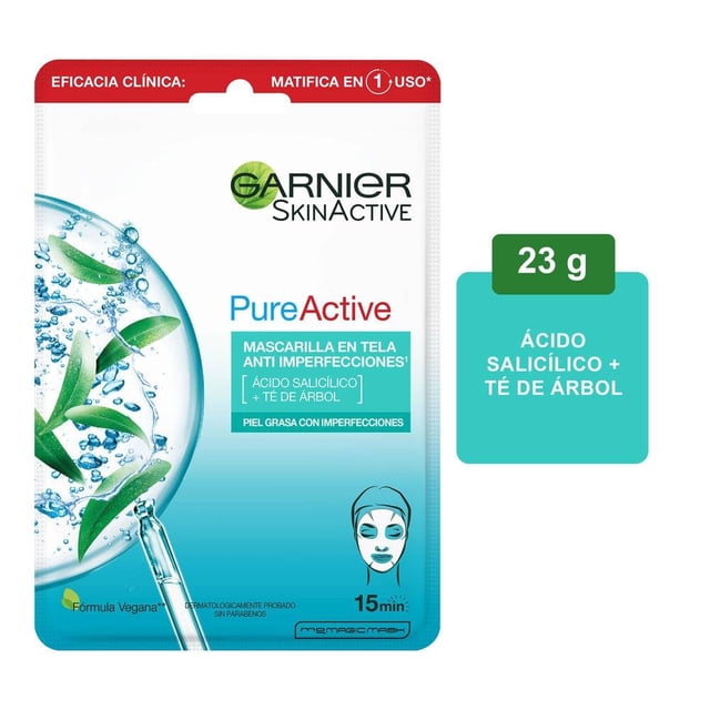 Mascarilla facial Garnier Skin Active ácido salicílico y té de árbol anti imperfecciones 1 pza