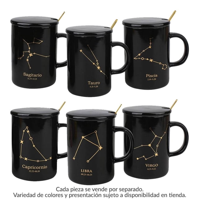 Taza Hometrends Zodiacal con Tapa y Cuchara Negro 420 ml Varios Modelos 1 Pieza