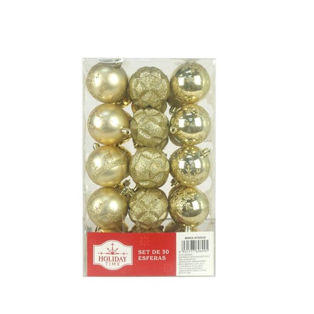 Esfera Navideña Holiday Time Dorado Varios Modelos Caja con 30 pzas