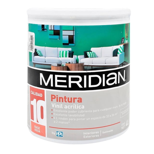Pintura Vinil Acrílica Meridian Blanco 5 Satinado 4 Litros