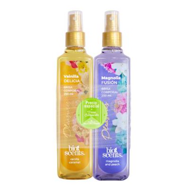 Fragancia corporal Bioscents vainilla caramel y magnolia peach 2 pzas de 250 ml c/u