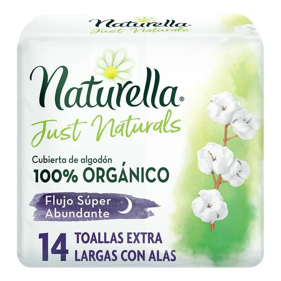 Toallas femeninas Naturella Just Naturals extra largas con alas súper abundante 14 pzas