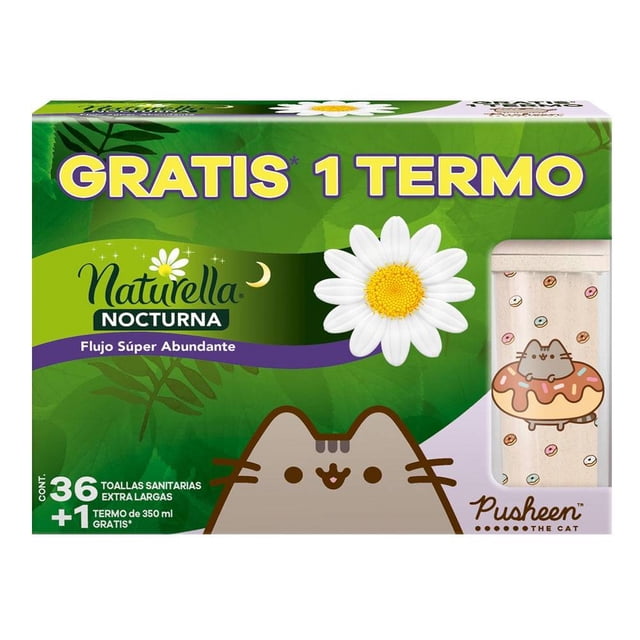 Toallas femeninas Naturella nocturna extra larga 36 pzas + 1 termo de Pusheen the cat