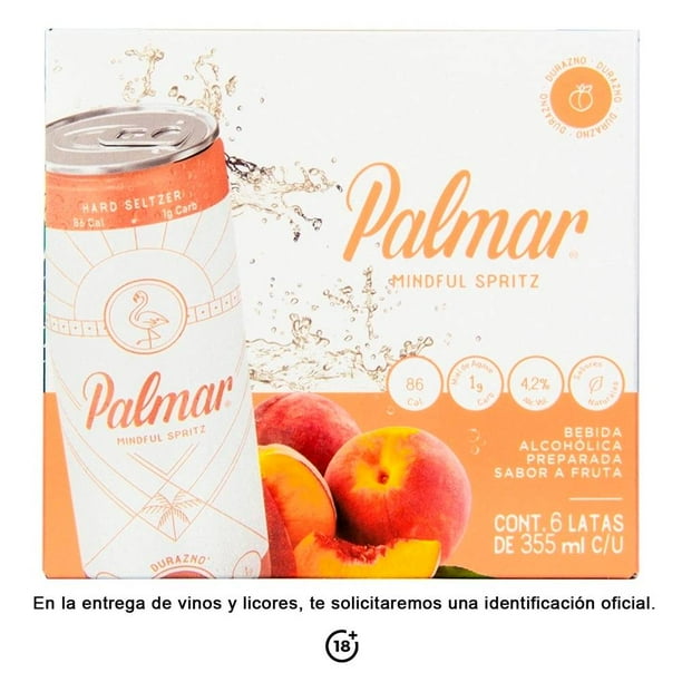 Pack de bebida preparada Palmar hard seltzer spritz durazno con 6 pzas de 355 ml c/u