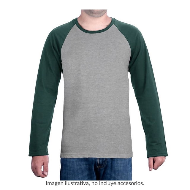 Playera George Talla CH Manga Larga Tipo Ranglan Gris Jaspe con Verde