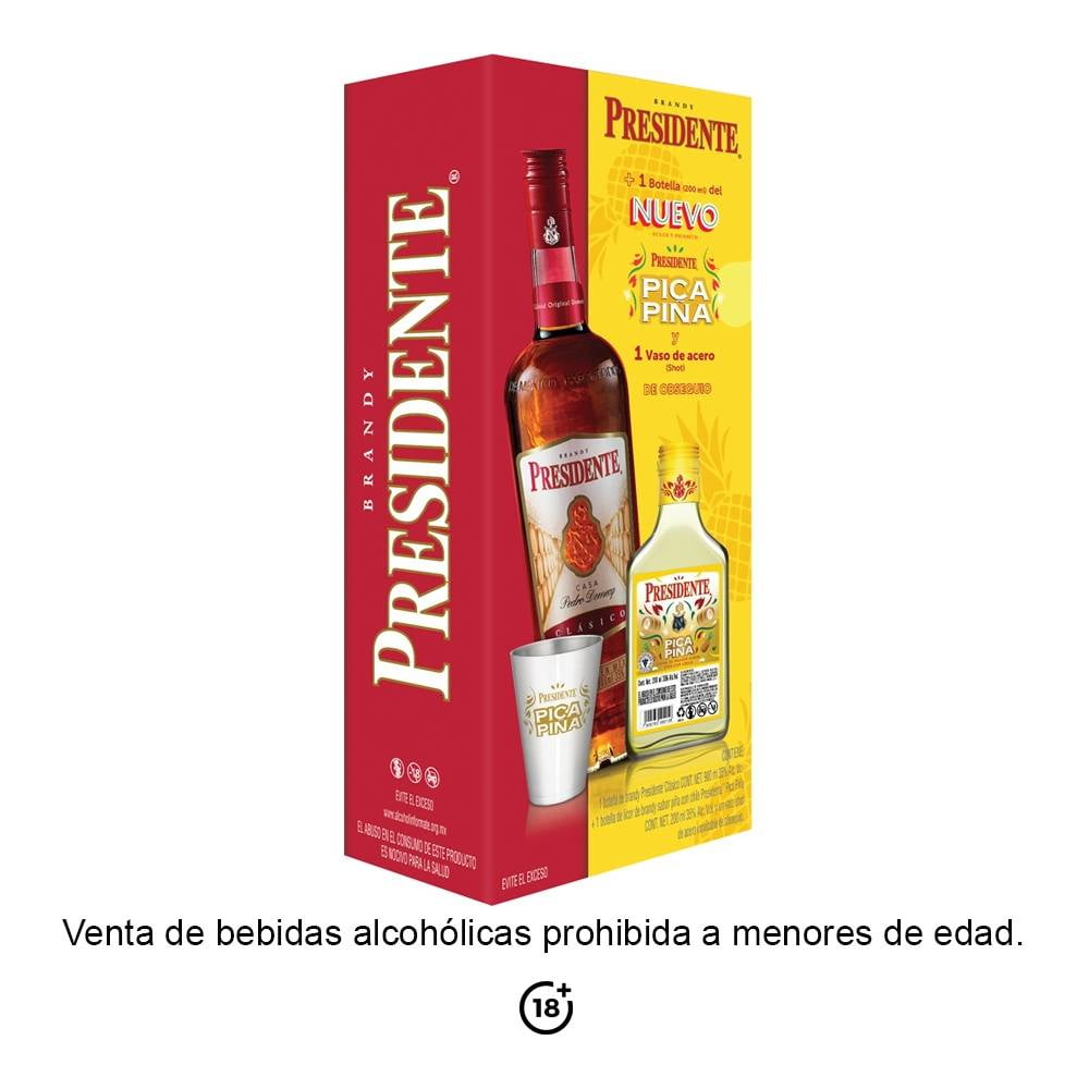 Brandy Presidente Clásico 900 ml + 1 Pacha Pte Pica Piña 200 ml + vaso ...