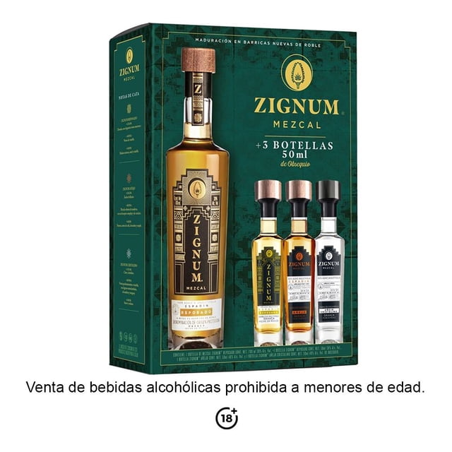 Mezcal Zignum Reposado 700 ml + 3 botellines miniatura de mezcal joven, reposado y añejo 50 ml c/u