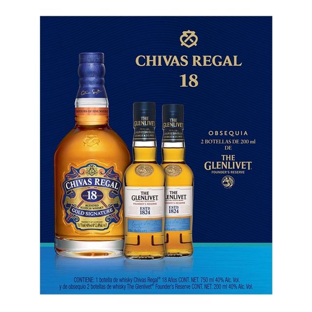 Whisky Chivas Regal 18 años 750 ml + 2 whisky The Glenlivet founder's de 200 ml c/u