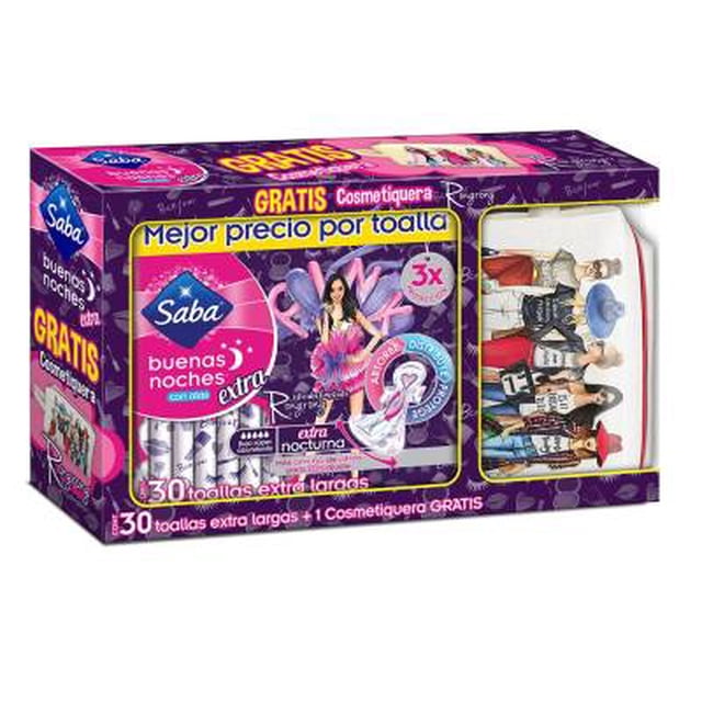 Toallas femeninas Saba Buenas Noches extra largas con alas 30 pzas + 1 cosmetiquera