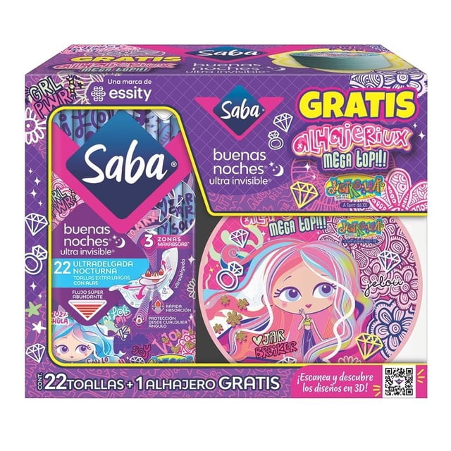 Toallas femeninas Saba Buenas Noches ultra invisible nocturna con alas 20 pzas