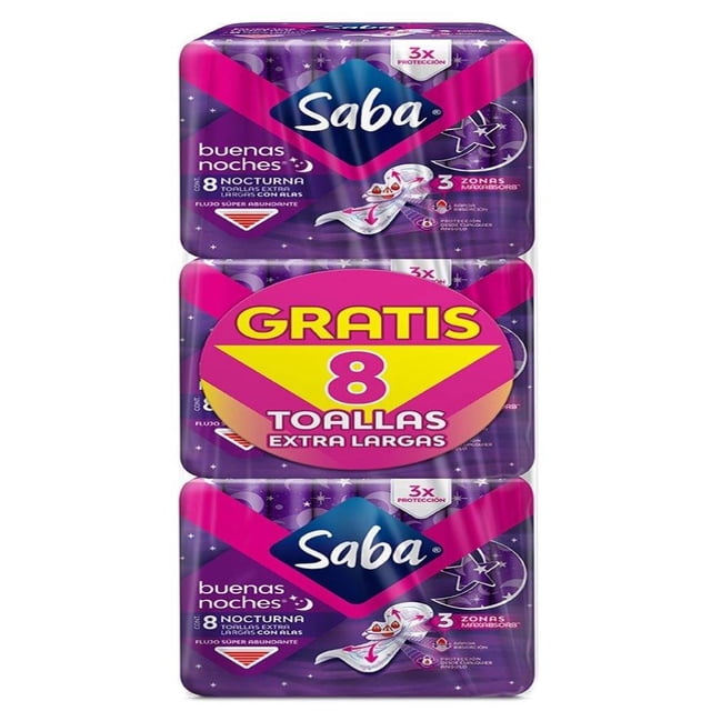 Toallas femeninas Saba nocturna extra larga con alas 3 bolsas de 8 pzas c/u