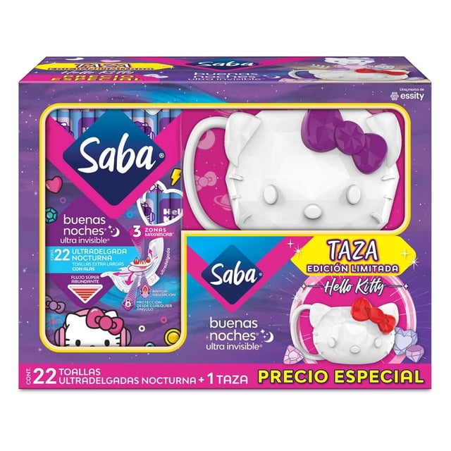 Toalla femenina Saba Buenas Noches ultra invisible ultradelgada nocturna extra larga con alas + 1 taza Hello Kitty
