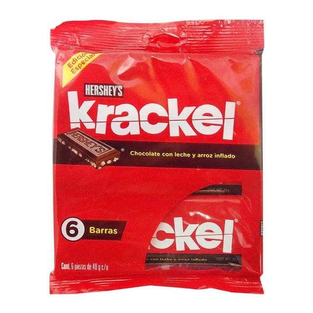 Chocolate Hersheys Krackel con leche y arroz inflado 6 pzas de 40 g c/u