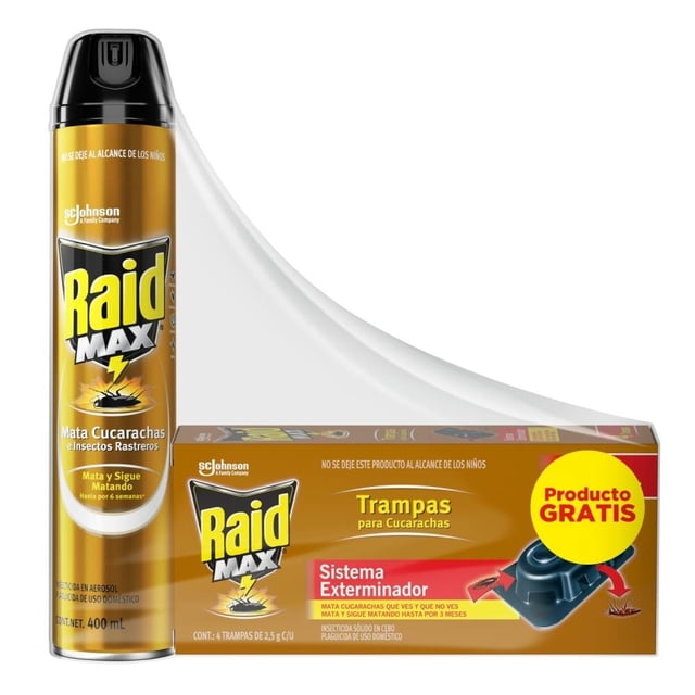 Insecticida en aerosol Raid Max 400 ml más Trampitas Cucarachas Raid Max 4 pzas