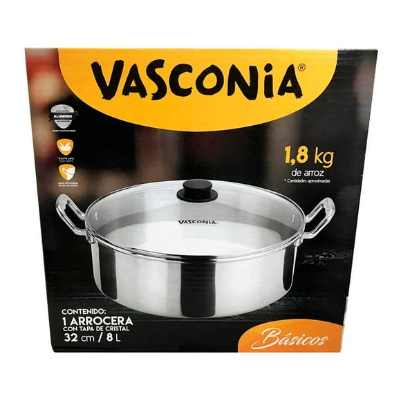 Arrocera Vasconia 32 cm con Tapa de Vidrio Plata