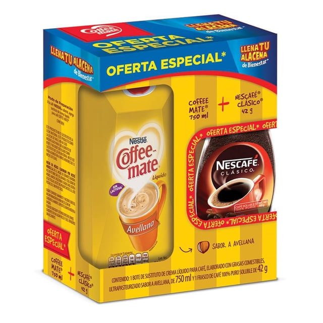 Sustituto de crema para café Coffee Mate avellana 750 ml+ Nescafé 42 g