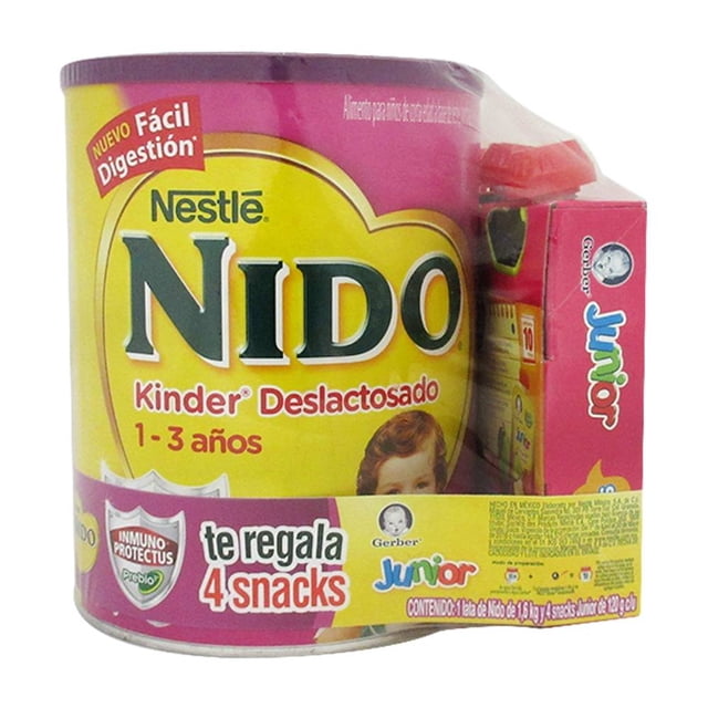 Leche en polvo Nido Kinder deslactosado 1.6 kg más 4 snacks junior de 120 g c/u