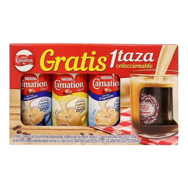 Leche evaporada Nestlé Carnation 2 pzas más 1 leche entera sabor vainilla de 330 ml c/u y taza coleccionable
