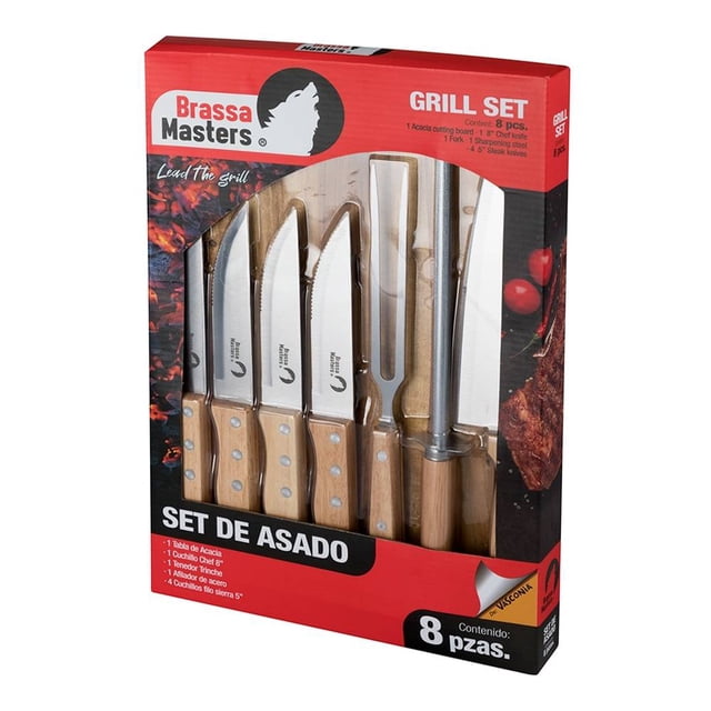 Set Asado Brassa Masters Acero Inoxidable Madera 8 Piezas