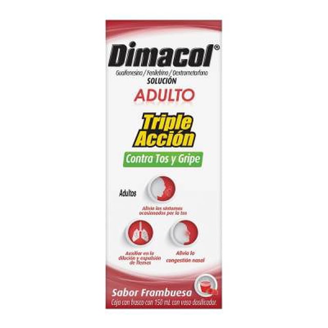 Jarabe para tos Dimacol Triple Acción Guaifenesina, Fenilefrina, Dextrometorfano sabor frambuesa 150 ml