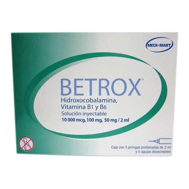 Hidroxocobalamina, vitamina B1 y B6 Medi Mart 10 000 mcg, 100 mg, 50 mg solución inyectable 5 jeringas prellenadas de 2 ml