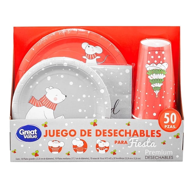 Juego de desechables Great Value premium navideños para fiesta50 pzas