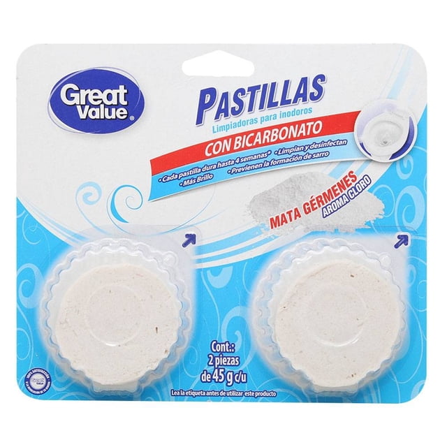 Pastillas limpiadoras de inodoros Great Value con bicarbonato aroma cloro 2 pzas de 45 g c/u