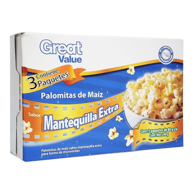 Palomitas para microondas Great Value extra mantequilla 3 pack 80 g c/u