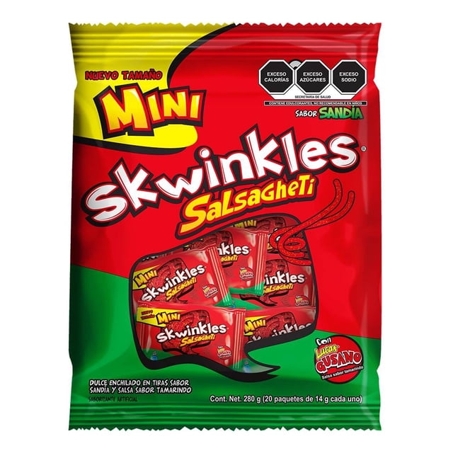 Dulce enchilado Skwinkles salsagheti mini sabor sandía y salsa sabor tamarindo 20 pzas 14 g c/u