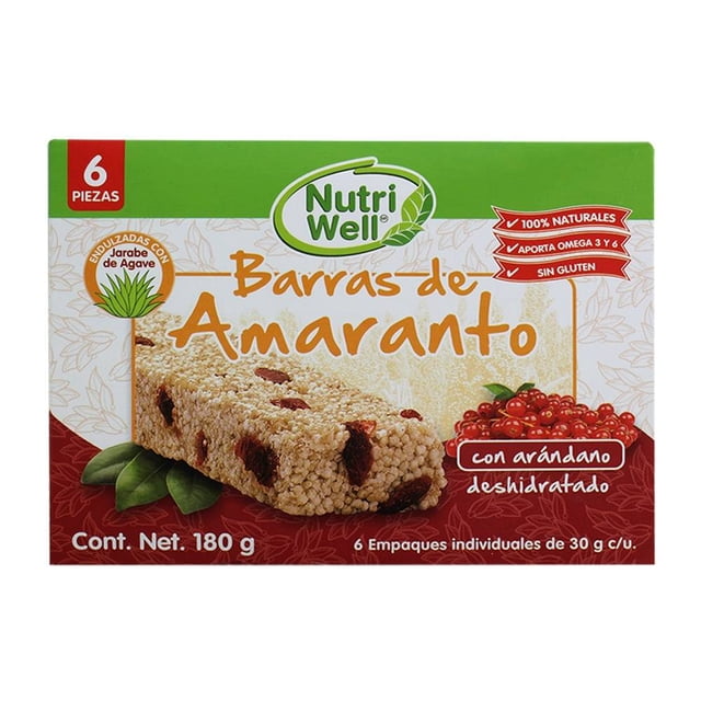 Barra de amaranto Nutri Well con arándano deshidratado 6 empaques de 30 g c/u