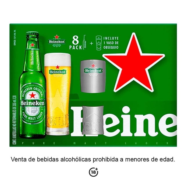 Pack de cervezas Heineken Original lager 8 botellas de 355ml c/u + 1 Vaso