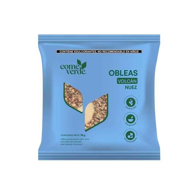 Obleas de amaranto Come Verde sabor nuez con relleno de chocolate semiamargo sin azúcar 35 g