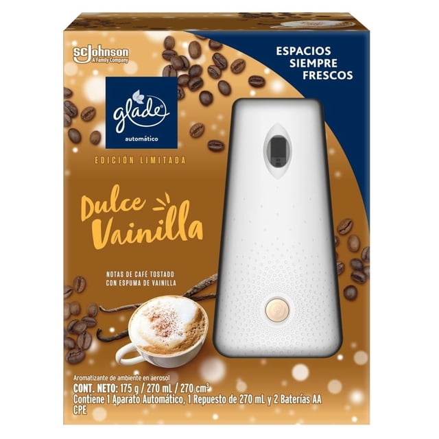Aromatizante ambiental Glade automático dulce vainilla y café tostado 1 aparato 1 repuesto 270 ml y 2 pilas AA