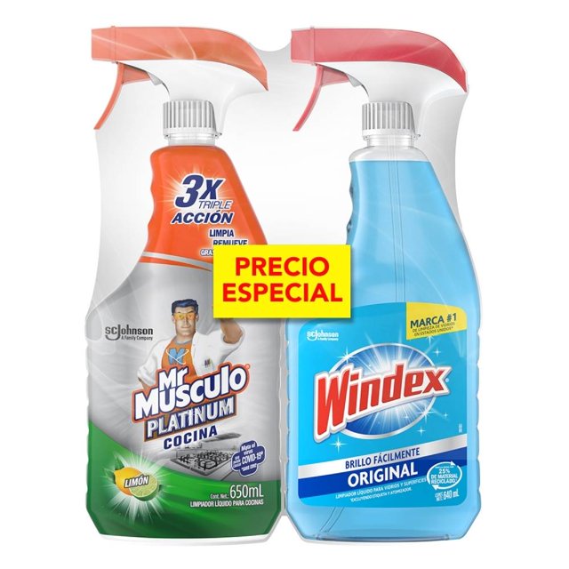 Limpiador líquido Mr. Músculo platinum cocina limón 650 ml + Windex original 640 ml
